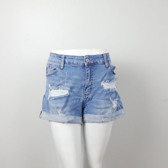 KanCan Medium Wash Distressed High Waisted Jean Shorts with Roll Up Cuff 13 30 - Picture 6 of 12